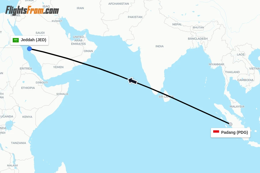 Flights from Padang to Jeddah route map