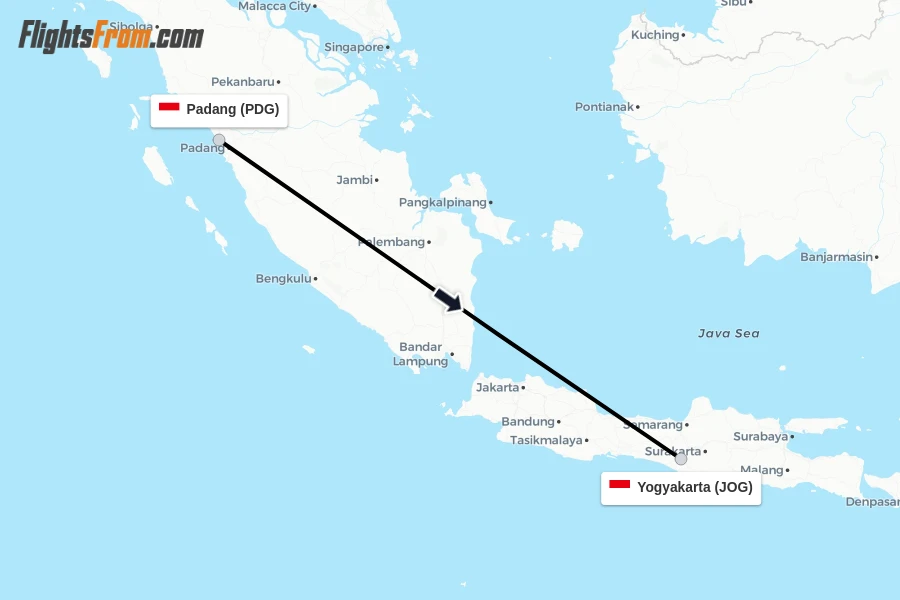 Flights from Padang to Yogyakarta route map