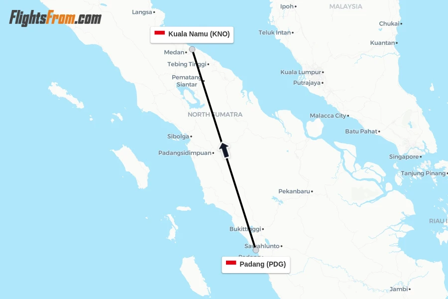 Flights from Padang to Kuala Namu route map