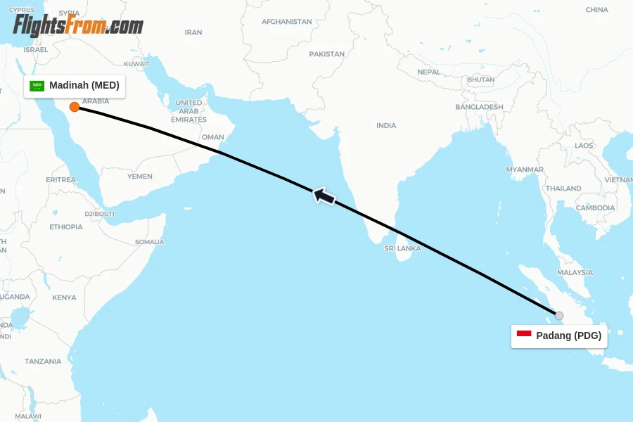 Flights from Padang to Madinah route map