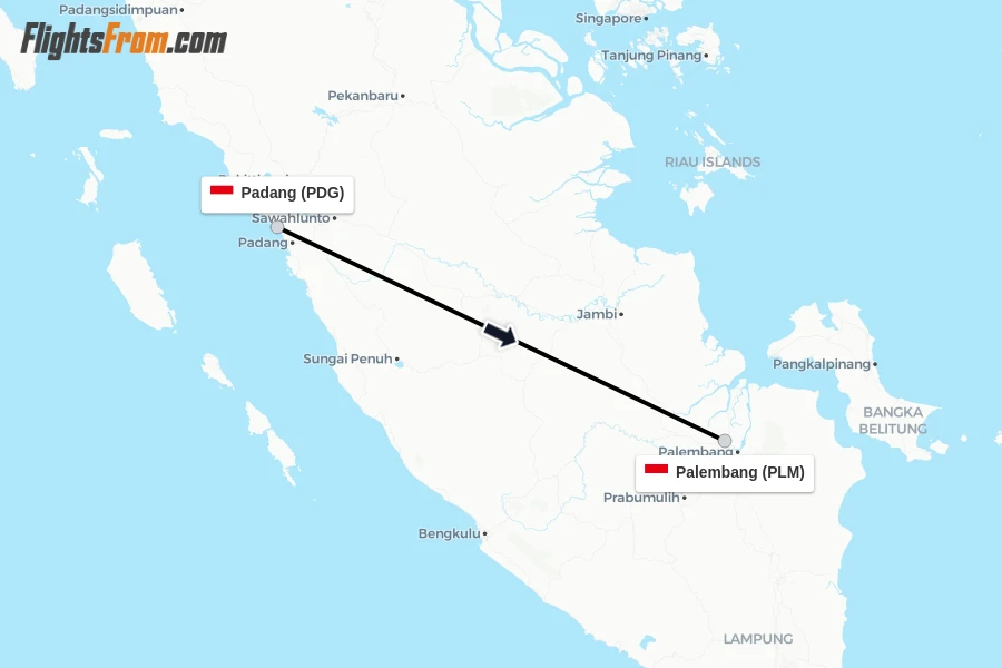 Flights from Padang to Palembang route map