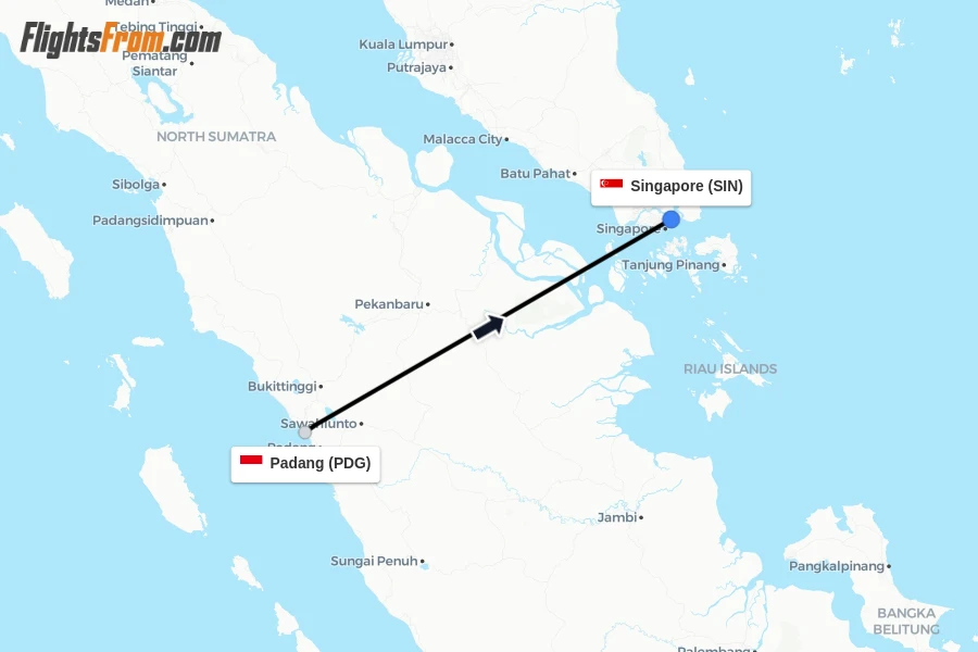 Flights from Padang to Singapore route map