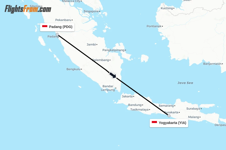 Flights from Padang to Yogyakarta route map