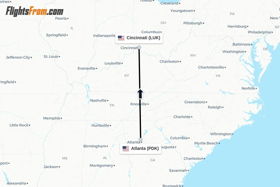 Flights from Atlanta to Cincinnati route map