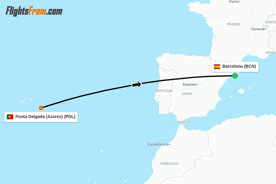 Flights from Ponta Delgada (Azores) to Barcelona route map