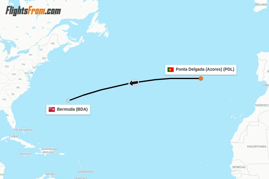 Flights from Ponta Delgada (Azores) to Bermuda route map