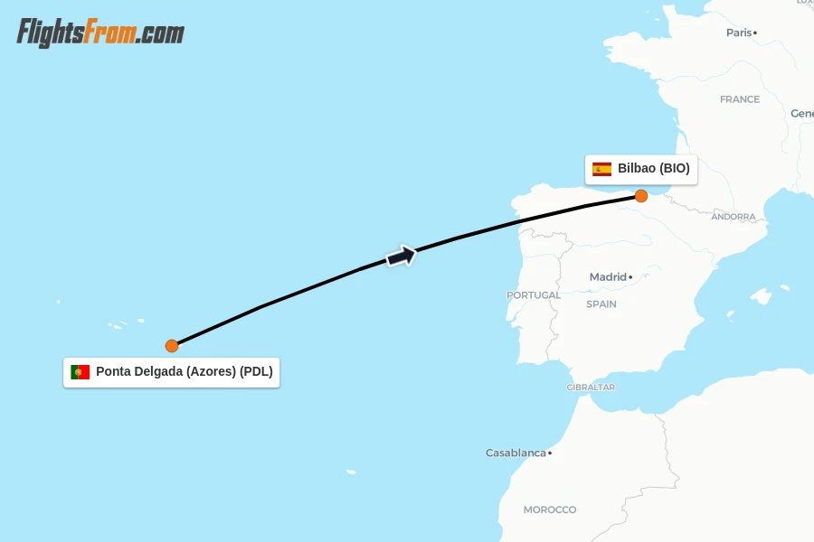 Flights from Ponta Delgada (Azores) to Bilbao route map