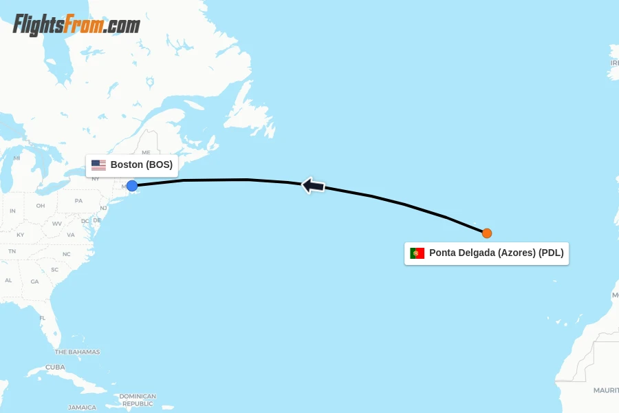 Flights from Ponta Delgada (Azores) to Boston route map