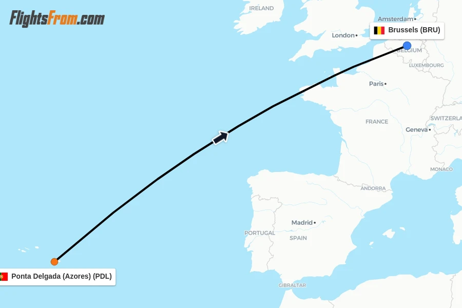Flights from Ponta Delgada (Azores) to Brussels route map