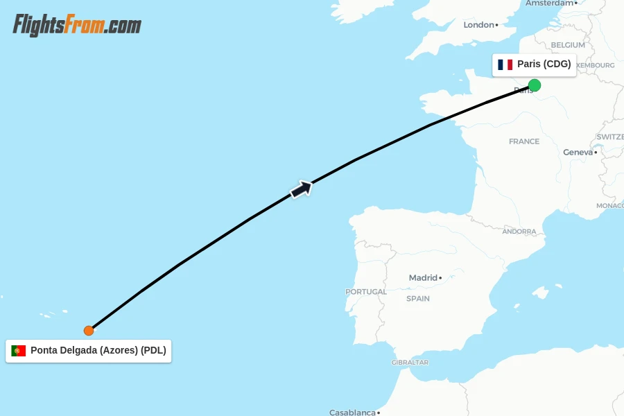 Flights from Ponta Delgada (Azores) to Paris route map