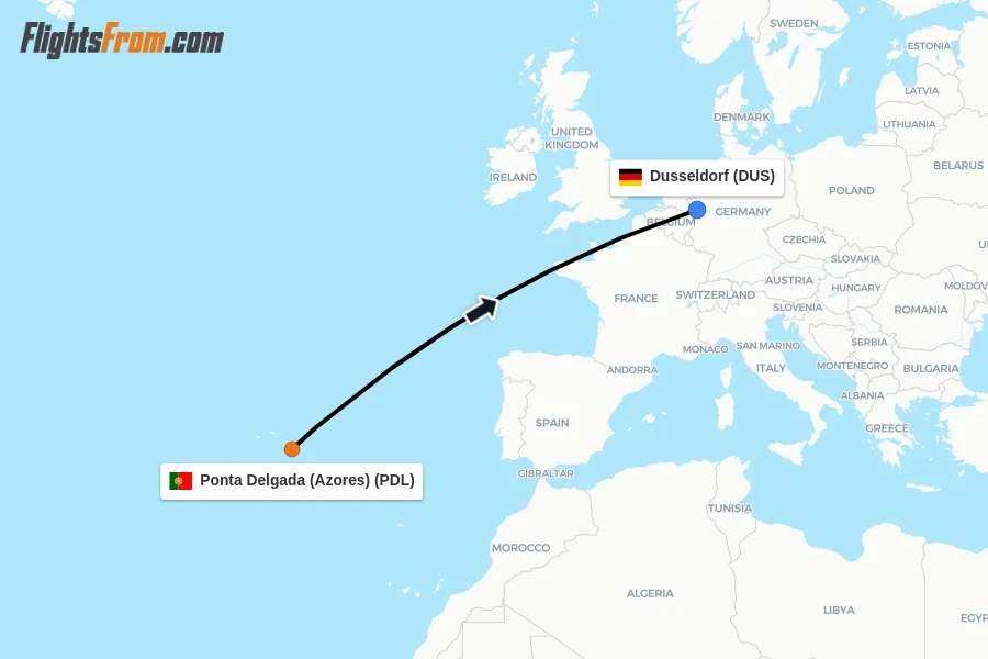 Flights from Ponta Delgada (Azores) to Dusseldorf route map