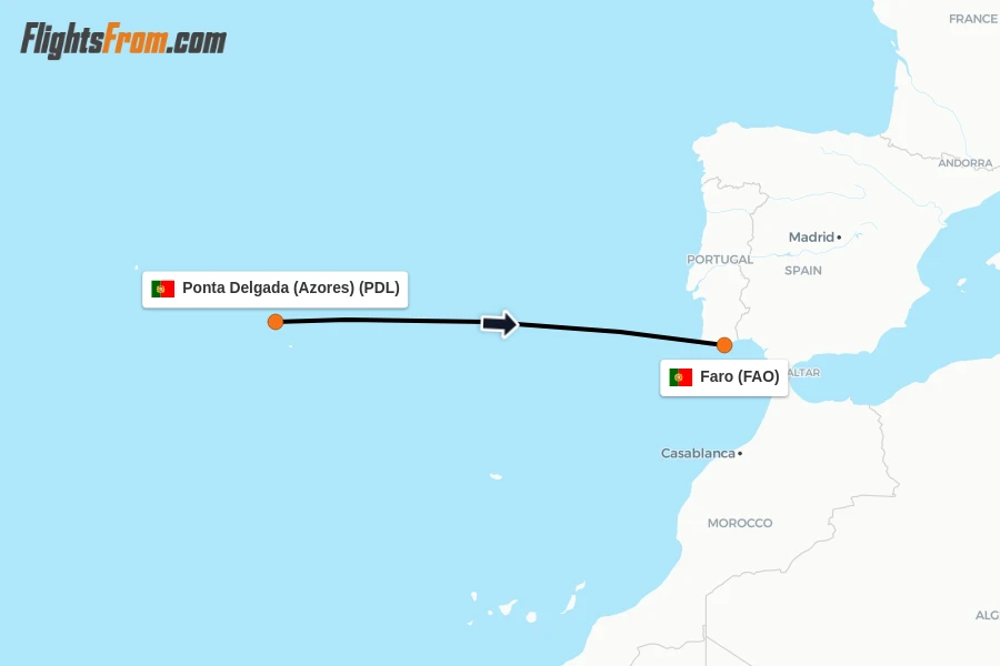 Flights from Ponta Delgada (Azores) to Faro route map