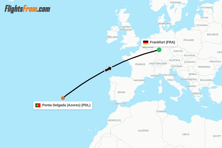 Flights from Ponta Delgada (Azores) to Frankfurt route map