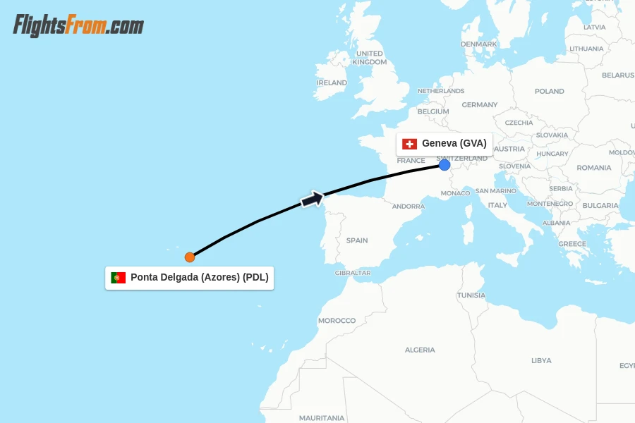 Flights from Ponta Delgada (Azores) to Geneva route map