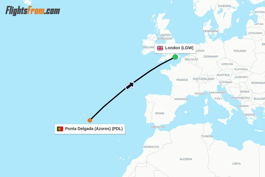 Flights from Ponta Delgada (Azores) to London route map