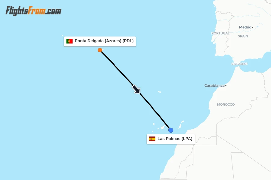 Flights from Ponta Delgada (Azores) to Las Palmas route map