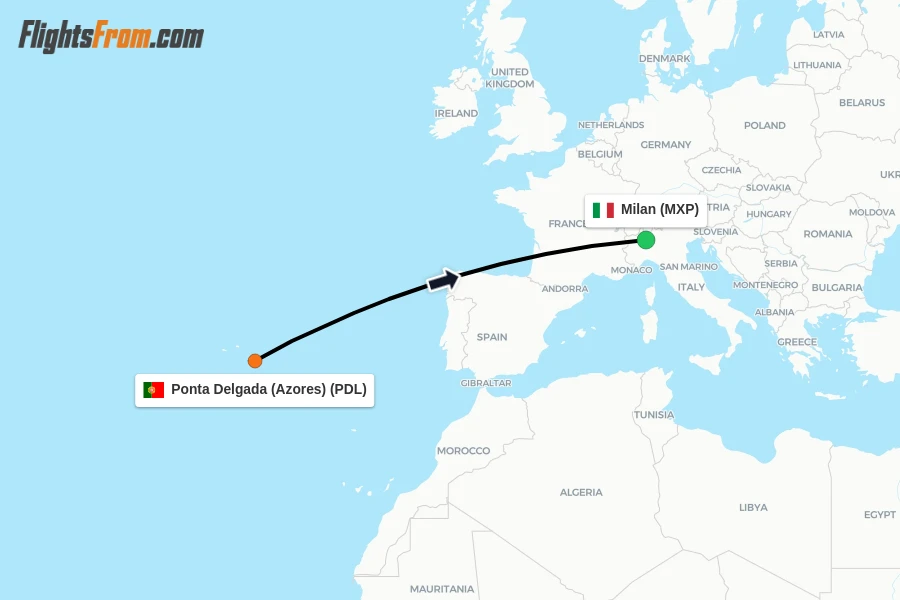 Flights from Ponta Delgada (Azores) to Milan route map