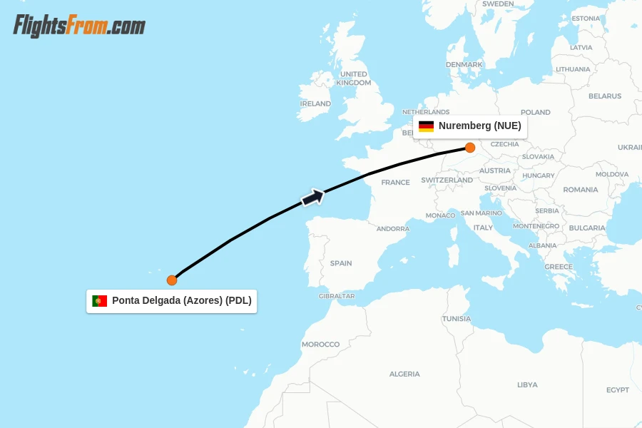 Flights from Ponta Delgada (Azores) to Nuremberg route map