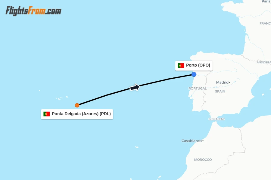 Flights from Ponta Delgada (Azores) to Porto route map