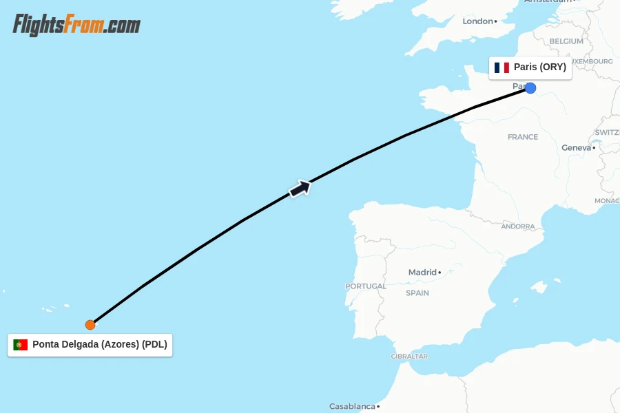 Flights from Ponta Delgada (Azores) to Paris route map