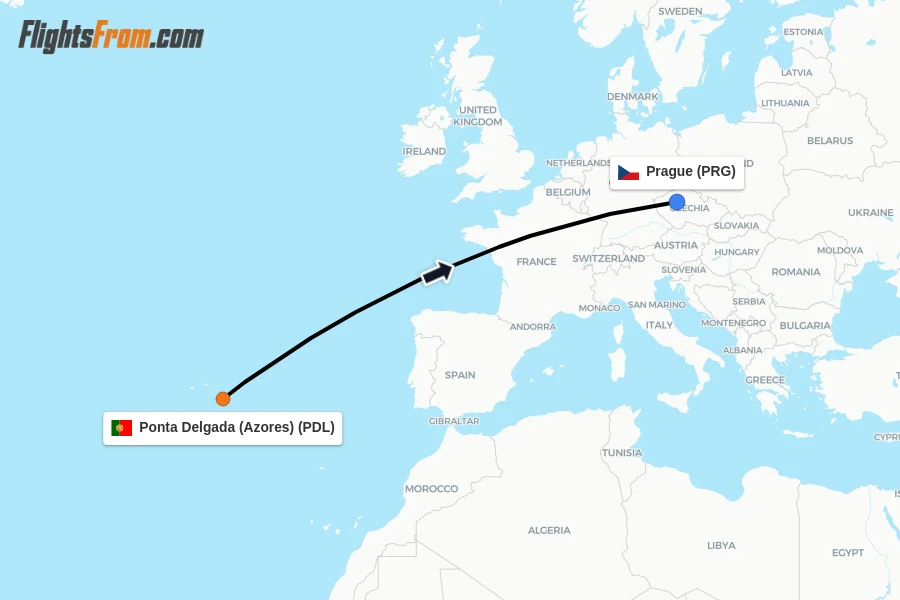 Flights from Ponta Delgada (Azores) to Prague route map