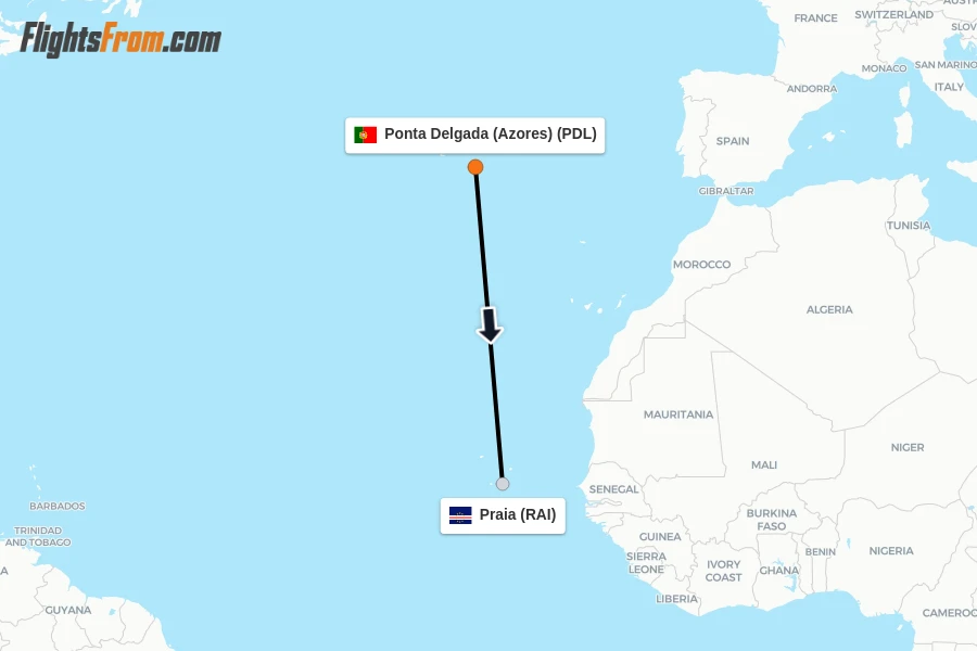 Flights from Ponta Delgada (Azores) to Praia route map