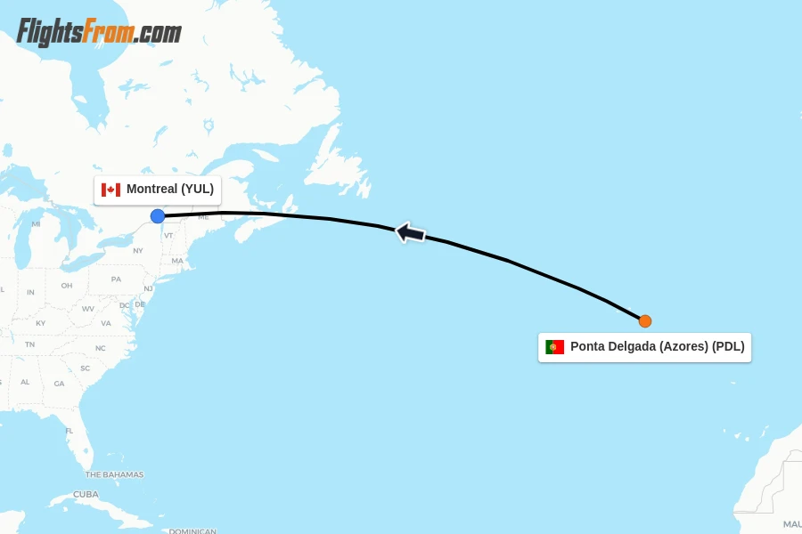 Flights from Ponta Delgada (Azores) to Montreal route map