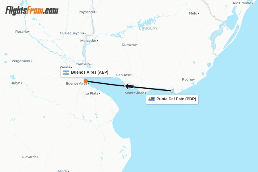 Flights from Punta Del Este to Buenos Aires route map