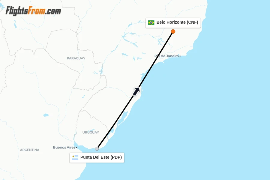 Flights from Punta Del Este to Belo Horizonte route map
