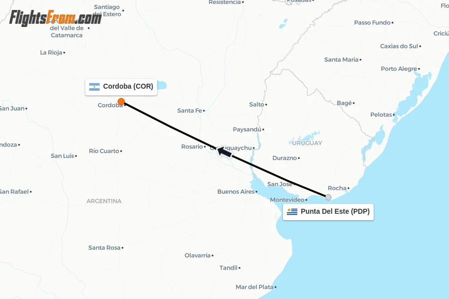 Flights from Punta Del Este to Cordoba route map