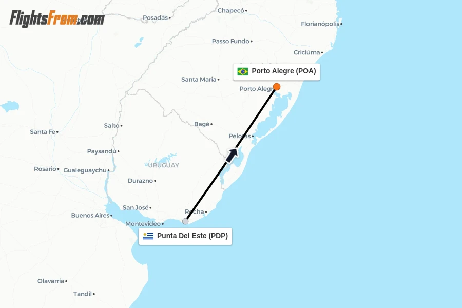 Flights from Punta Del Este to Porto Alegre route map