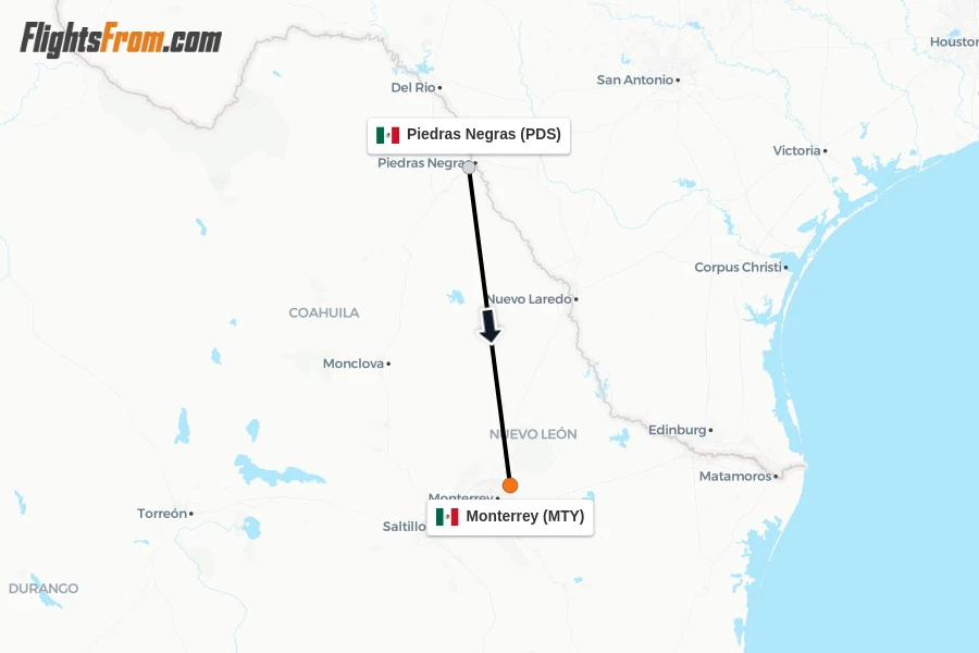 Flights from Piedras Negras to Monterrey route map