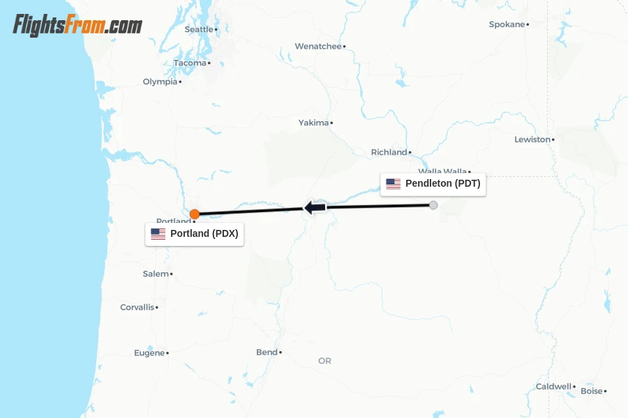 Flights from Pendleton to Portland route map