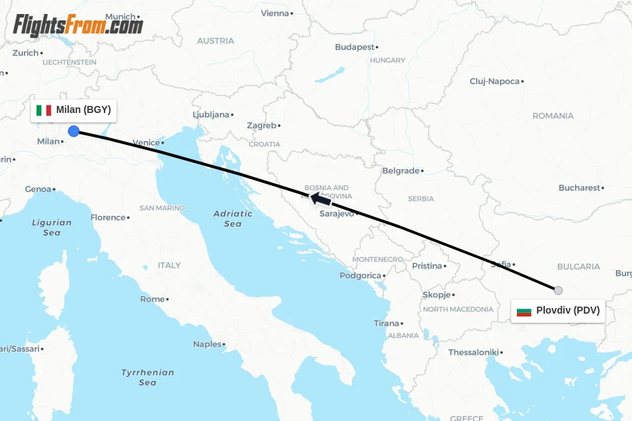 Flights from Plovdiv to Milan route map