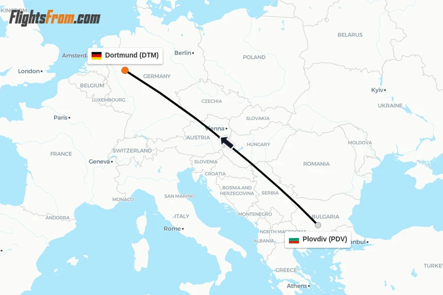 Flights from Plovdiv to Dortmund route map