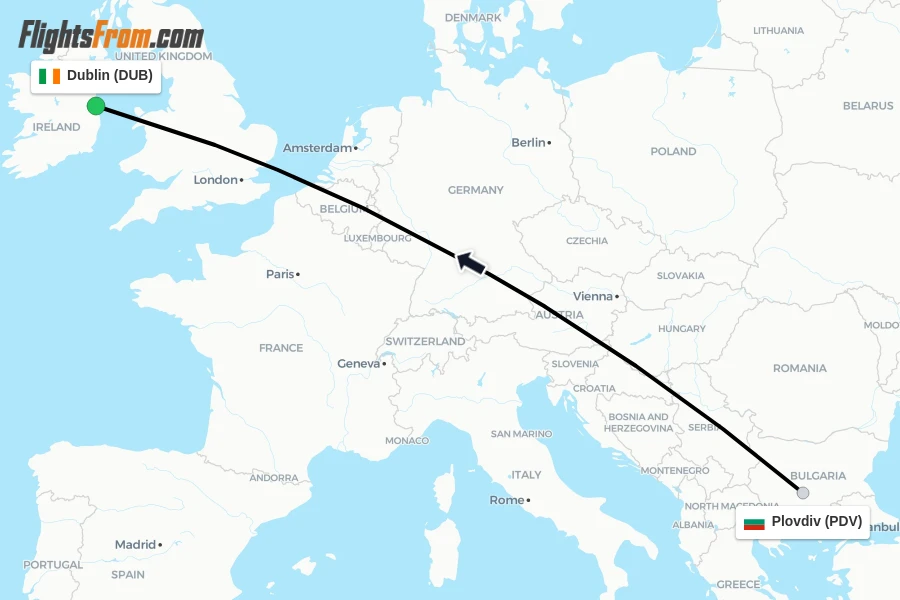 Flights from Plovdiv to Dublin route map