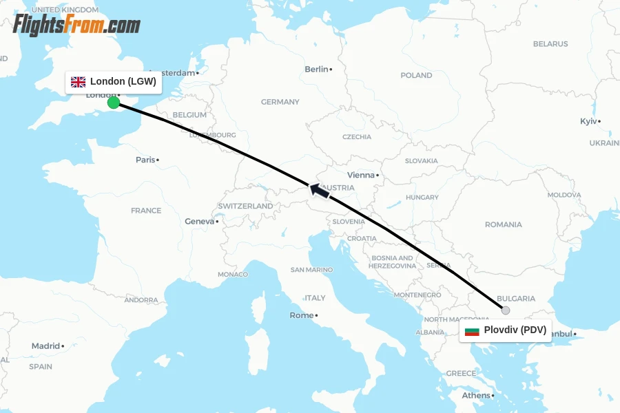 Flights from Plovdiv to London route map