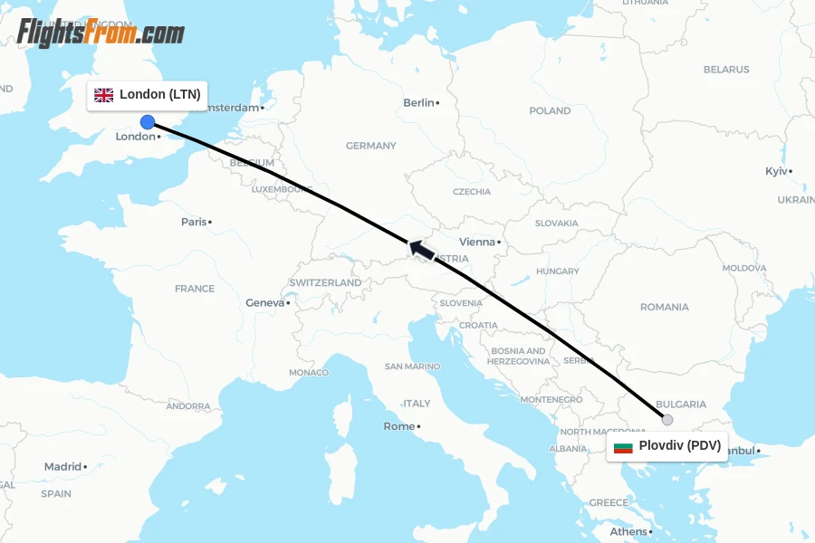 Flights from Plovdiv to London route map