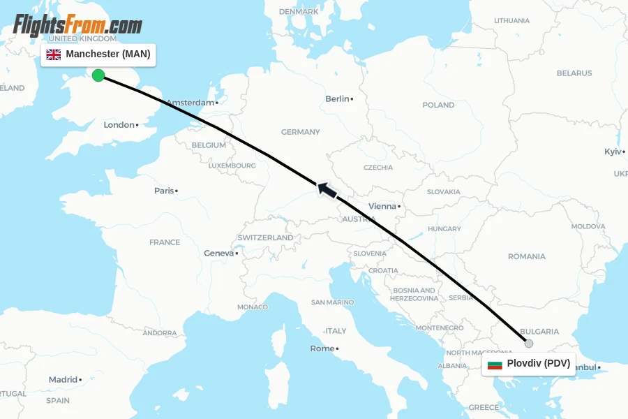 Flights from Plovdiv to Manchester route map
