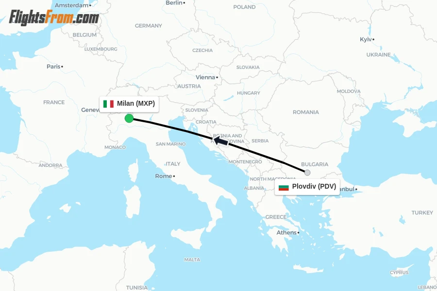 Flights from Plovdiv to Milan route map