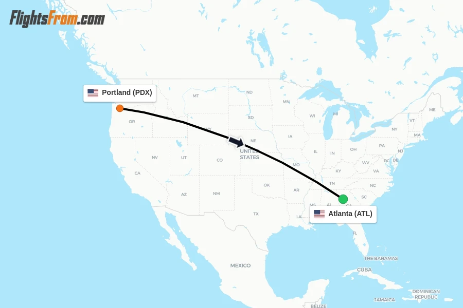 Flights from Portland to Atlanta route map