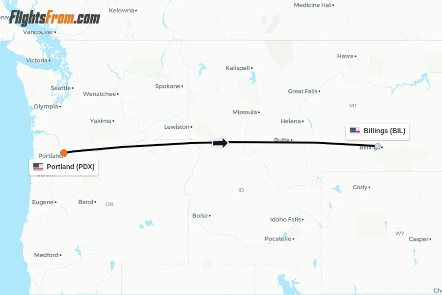Flights from Portland to Billings route map