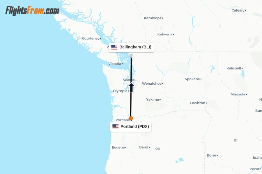 Flights from Portland to Bellingham route map