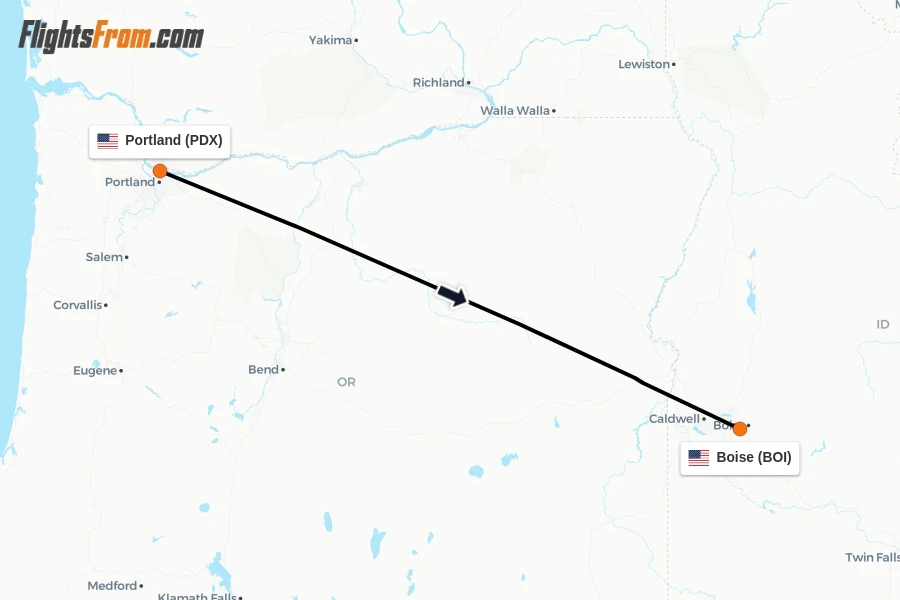 Flights from Portland to Boise route map