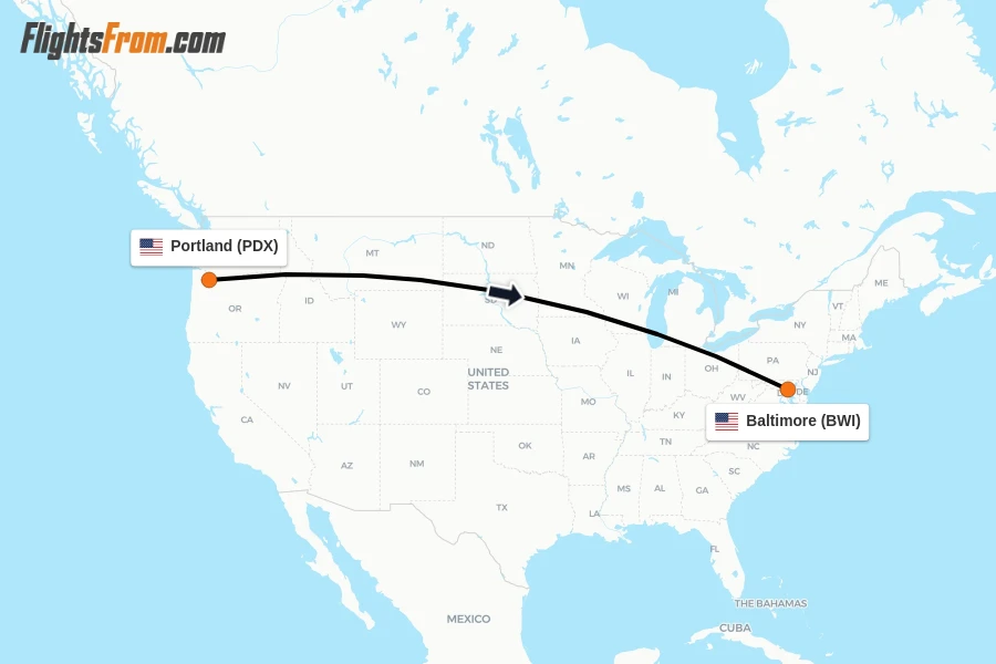 Flights from Portland to Baltimore route map