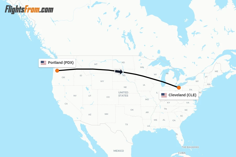 Flights from Portland to Cleveland route map