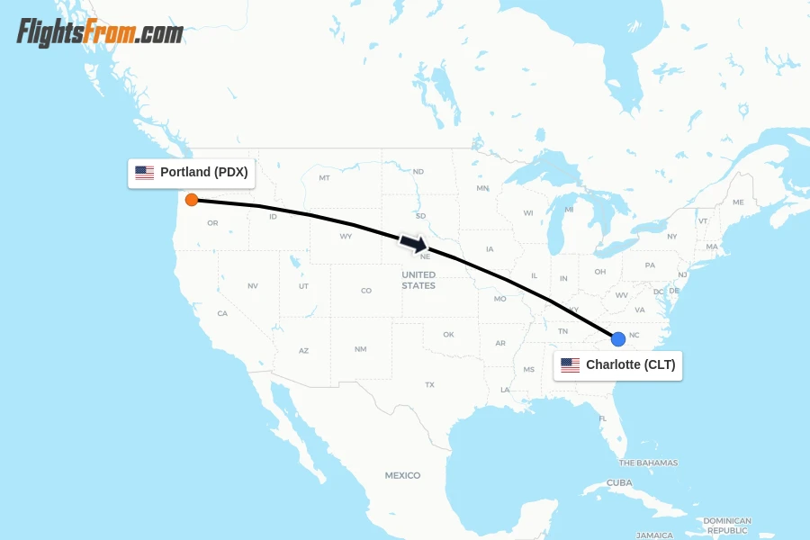 Flights from Portland to Charlotte route map
