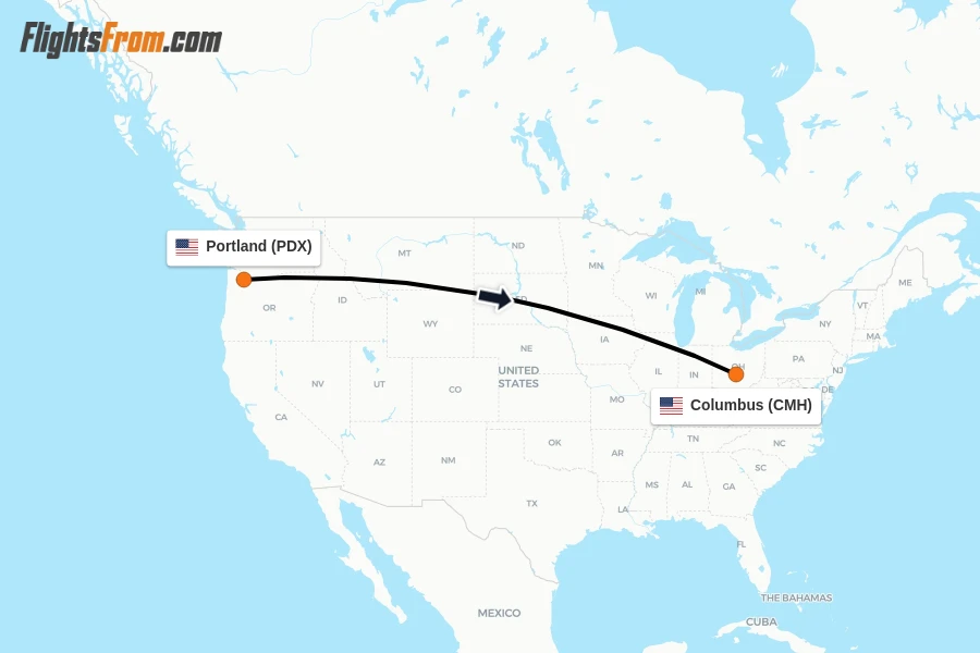 Flights from Portland to Columbus route map
