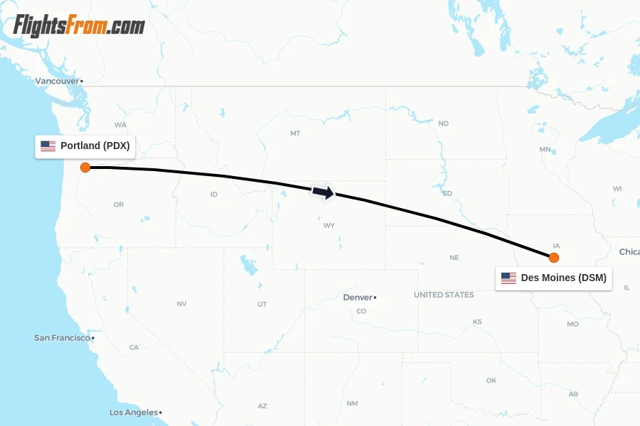 Flights from Portland to Des Moines route map