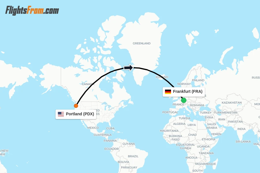 Flights from Portland to Frankfurt route map